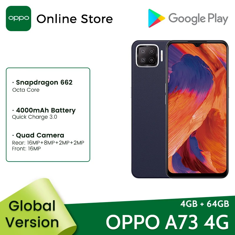 NEW Global Version OPPO A73 Smartphone Snapdragon 662 6.44'' 60Hz FHD+ Screen 16MP Quad Cameras 4000mAh Battery 4G Mobile Phone