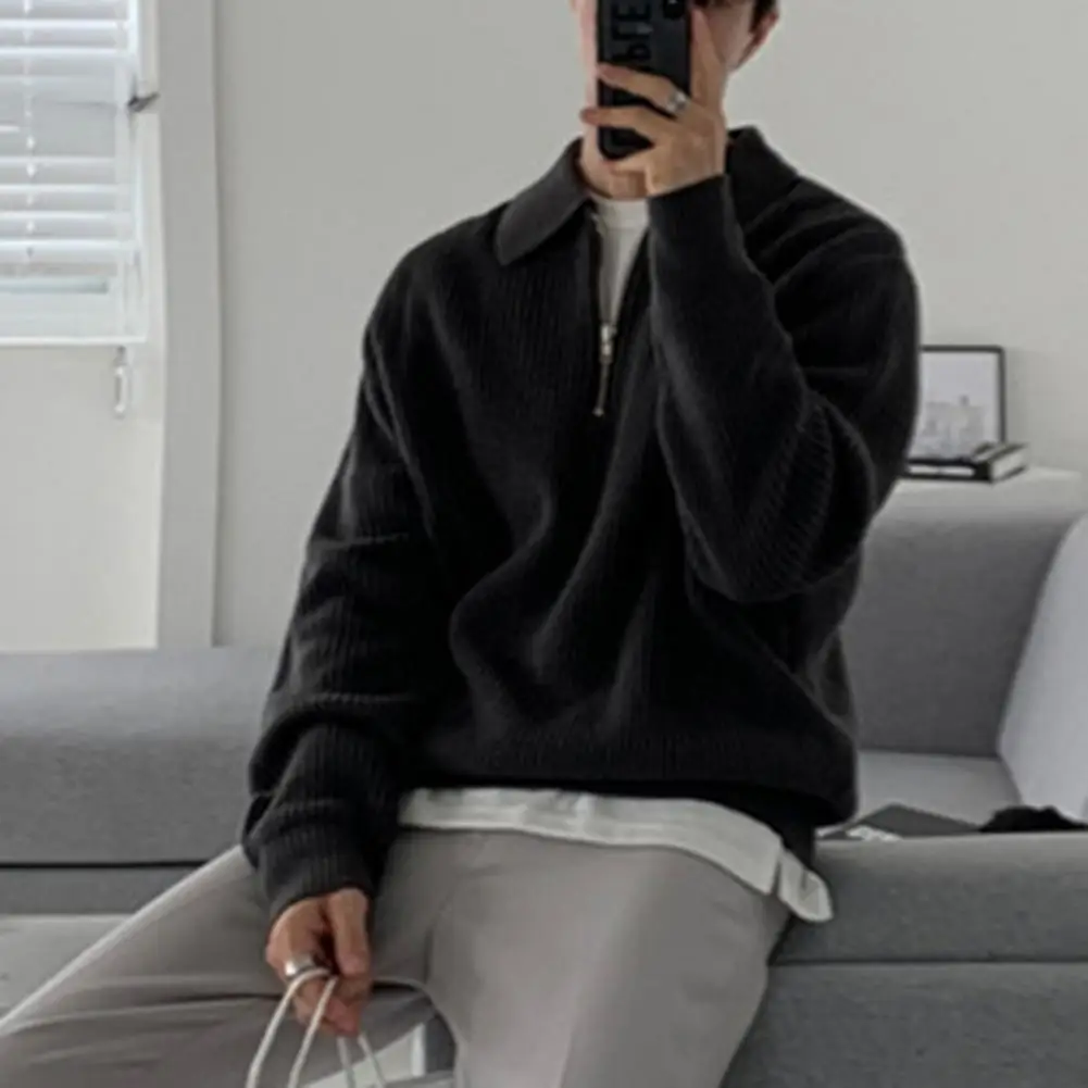 Мужской пуловер мужской свитер на полумолнии с отложным воротником однотонный