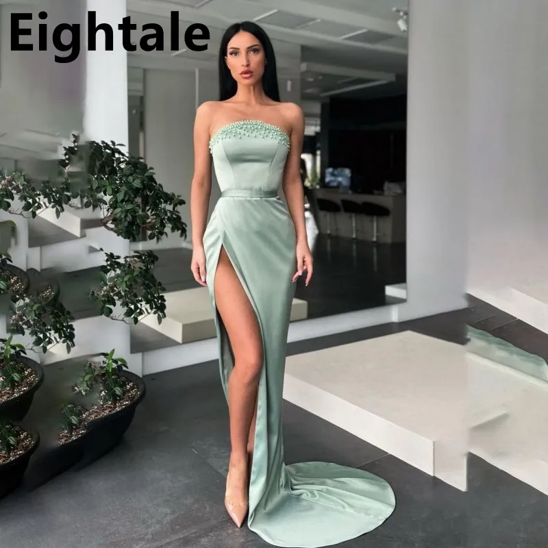 

2022 Eightale Sexy Slit Mermaid Strapless Evening Dress for Wedding Pearls Prom Gowns Beaded Sage Green Formal Celebrity Gown