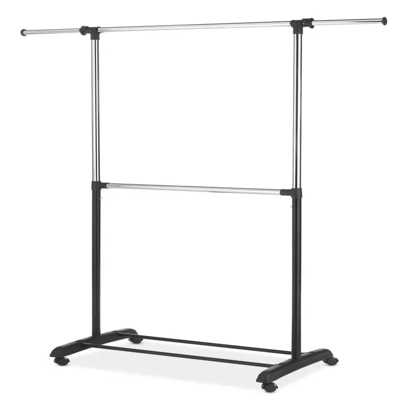 

2023 NEW Adjustable 2-Rod Rolling Garment Rack, Metal, Black and Chrome