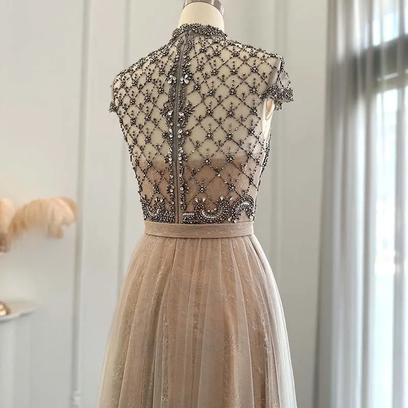 LSCZ39 Gorgeous Evening Desses for Women Organza A-line High Neck Wedding Guest Party Gown Arabic Crystal Prom فستان سهرة نسائي 4 LSCZ39 Gorgeous Evening Desses for Women Organza A-line High Neck Wedding Guest Party Gown Arabic Crystal Prom فستان سهرة نسائي 4