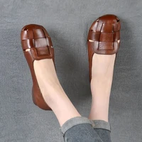 2022 new braid cutout loafers womens brown moccasins female vintage shoes slip on leisure retro flats