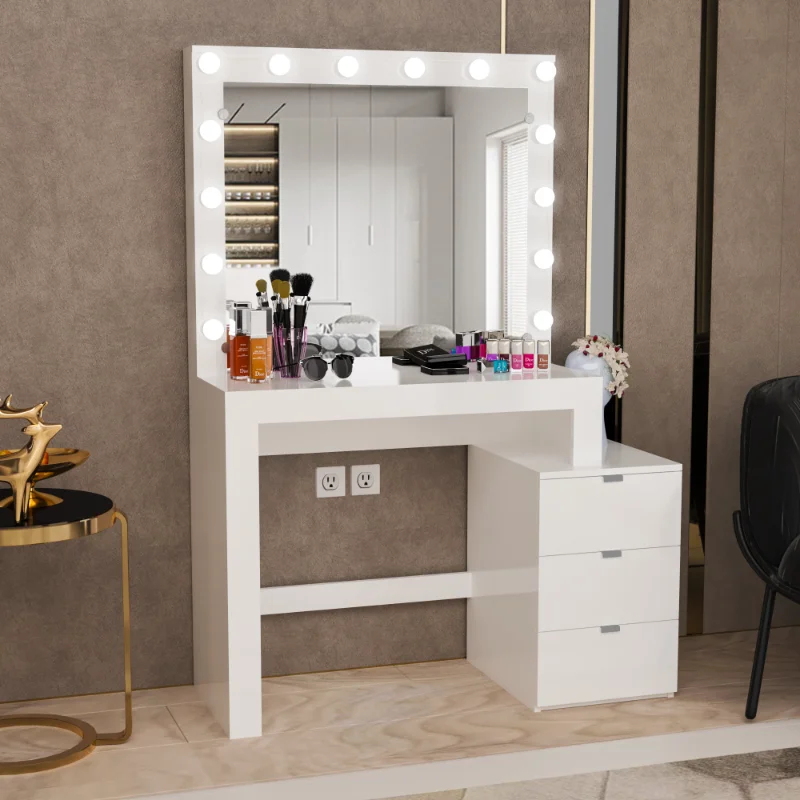 

Boahaus Aurora Modern Vanity Table, White Finish, Light Bulbs, for Bedroom makeup table vanity desk