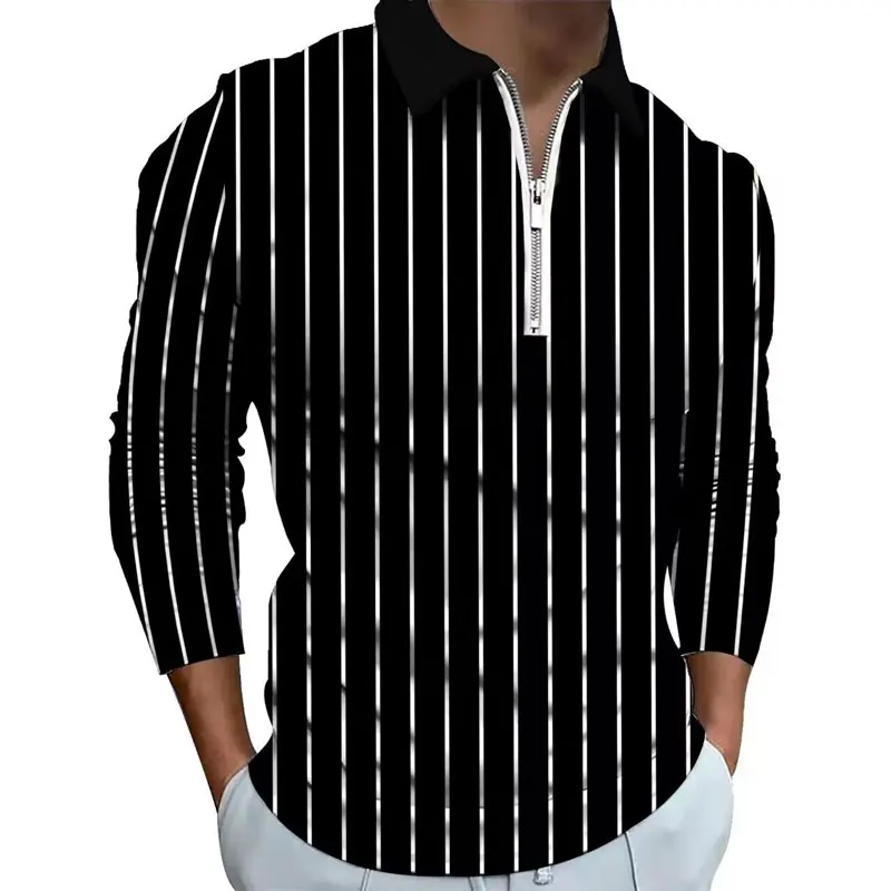 

3D Black White Striped Graphic Print Polo Shirts For Men Long Sleeve Tees Spring Autumn Oversized Tops Clothing