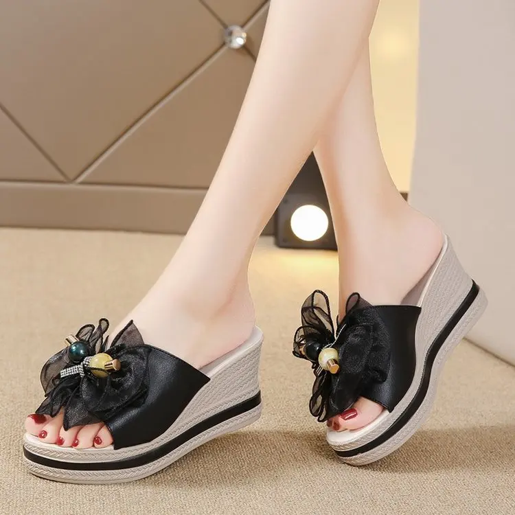 

Slippers Thick-soled Women's Bow Slippers Women's Summer Fashion Outside Wear One-word Slippers Non-slip Home Beach Sandals