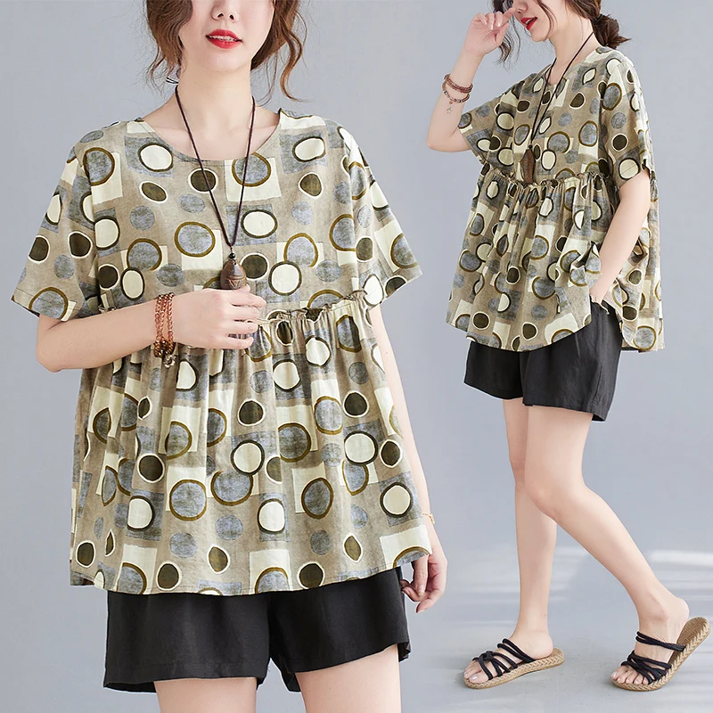 

Cotton Linen Polka Dot Printed Shirt Women's Loose Short Sleeve Round Neck Top