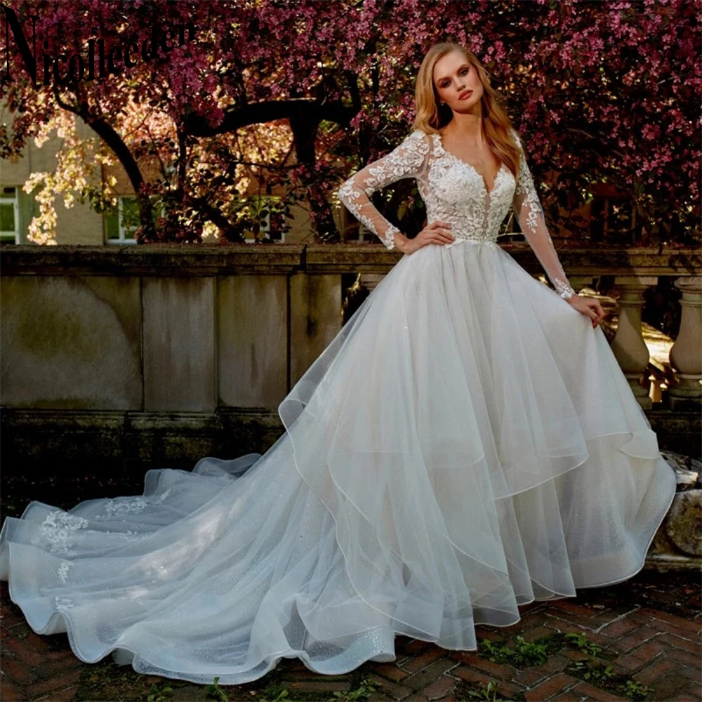 

Nicolle Fancy Sequins Backless Layered Wedding Dresses For Bride Lace A-Line Appliques Gown Robe De Soirée De Mariage Customised