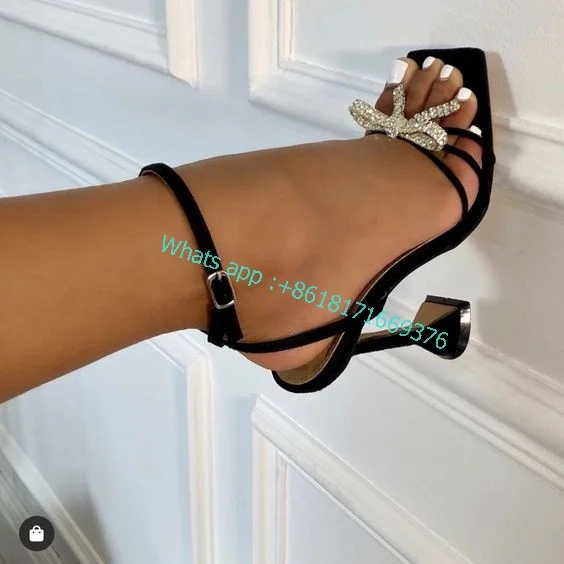

New Buckle Wine Glass High Heel Slingback Sandals Women Dress Belt Stiletto Rhinestone Bow Sandals Women Fashion Shoes Pumps