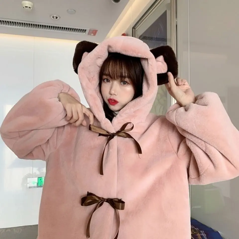 Fur Jacket Women Bear Ear Plush Jacket 2023 Winter New Korean Fashion Cute Preppy Style Oversized Hooded Loose Kawaii Fluffy