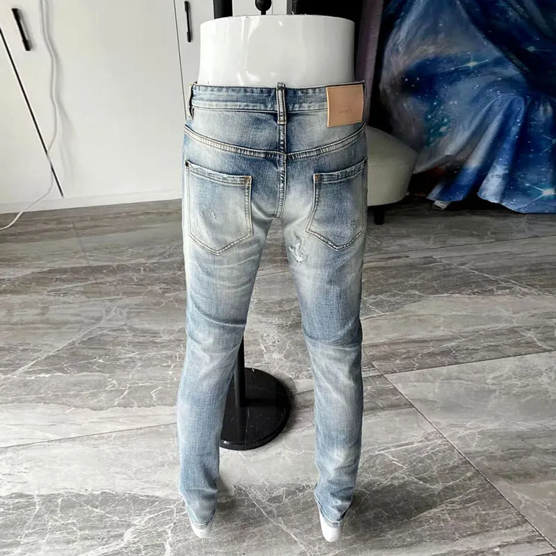 Italian Style Fashion Men Jeans High Quality Retro Light Blue Elastic Slim Ripped Jeans Men Vintage Designer Brand Pants Hombre