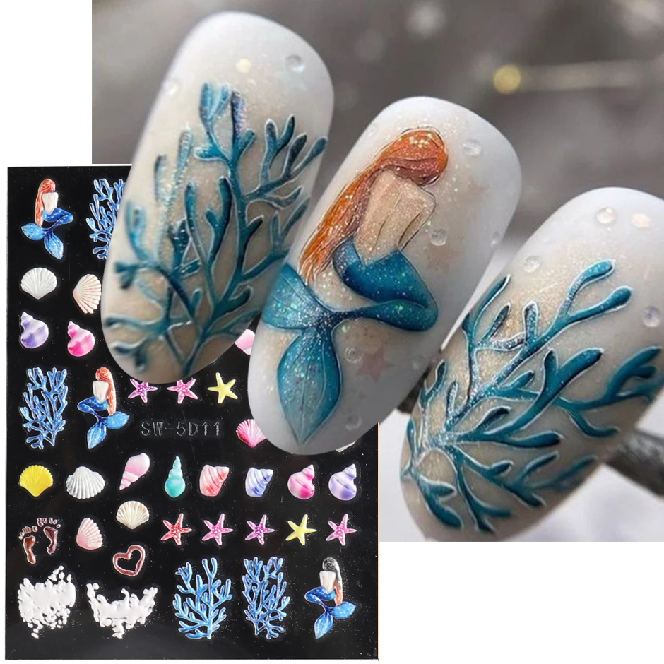 

5D рельефные морские наклейки для ногтей Русалочка морские животные летний дизайн морские водоросли Морская звезда DIY гравировка украшения Маникюр
