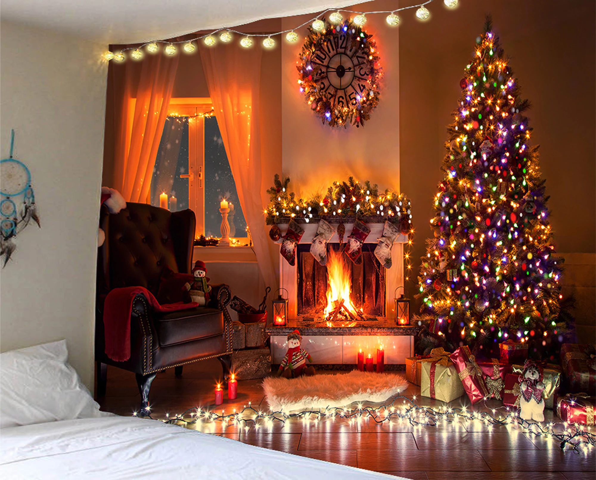 

Home Decor Christmas Tapestry Fireplace Christmas Tree Socks Print Santa Claus Bedroom Wall Blanket Background 230x180cm tapiz