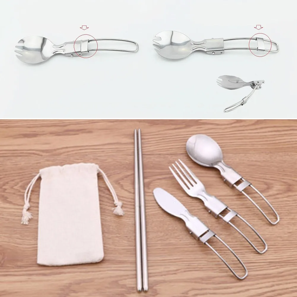 

Foldable Camping Spoon Fork Chopsticks Flatware Outdoor Picnic Cutlery Set With Bag Stainless Steel Utensil Spoon Camping Parts