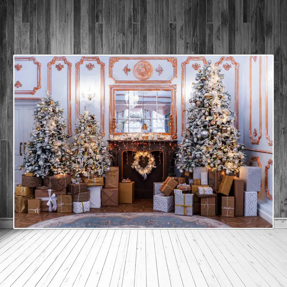 

Рождественская елка подарок гирлянда камин зеркало интерьер фотография фоны на заказ фотография Стенд фоны