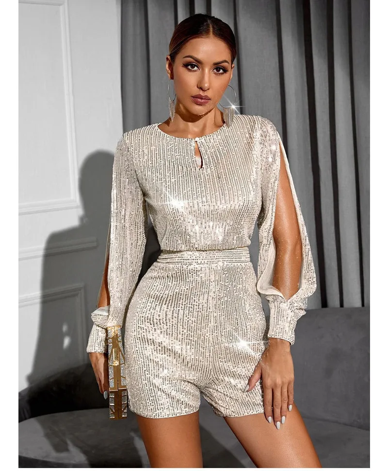 

Summer Women Sequin Split Sleeve Playsuit Sexy Elegant Party Shining Jumpsuit