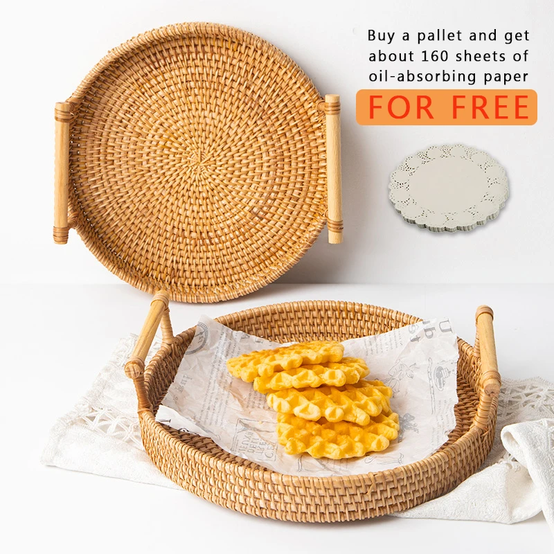 

Bread Fruit Snack Double Handle Picnic Basket Storage Rattan Tray