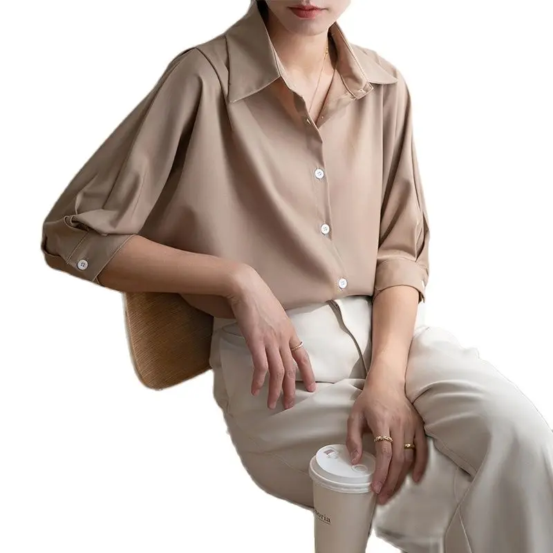 

2023 Summer Office Lady Chiffon Blouse Three Quaters Sleeves Turn Down Neck Single Breast