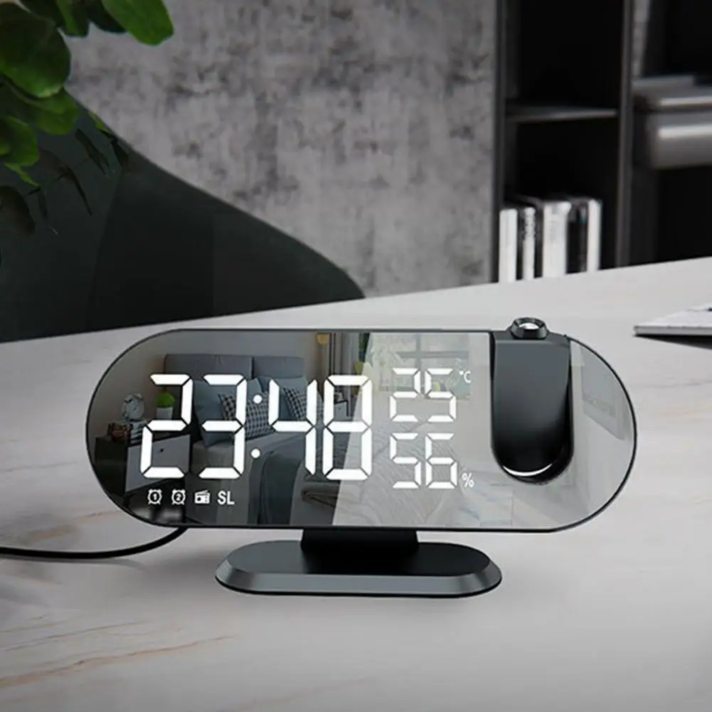 

12h/24h Led Digital Alarm Clock 180° Projection Bedside Radio Fm Bedroom Temperature Humidity Projector Mirror Cl F9l4