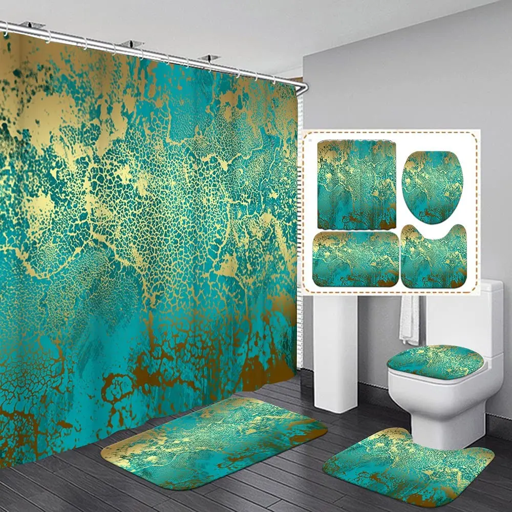 Set Non-slip Rug Toilet Lid Cover Bath Mat Vintage Turquoise Marble Bath Curtains With Hooks