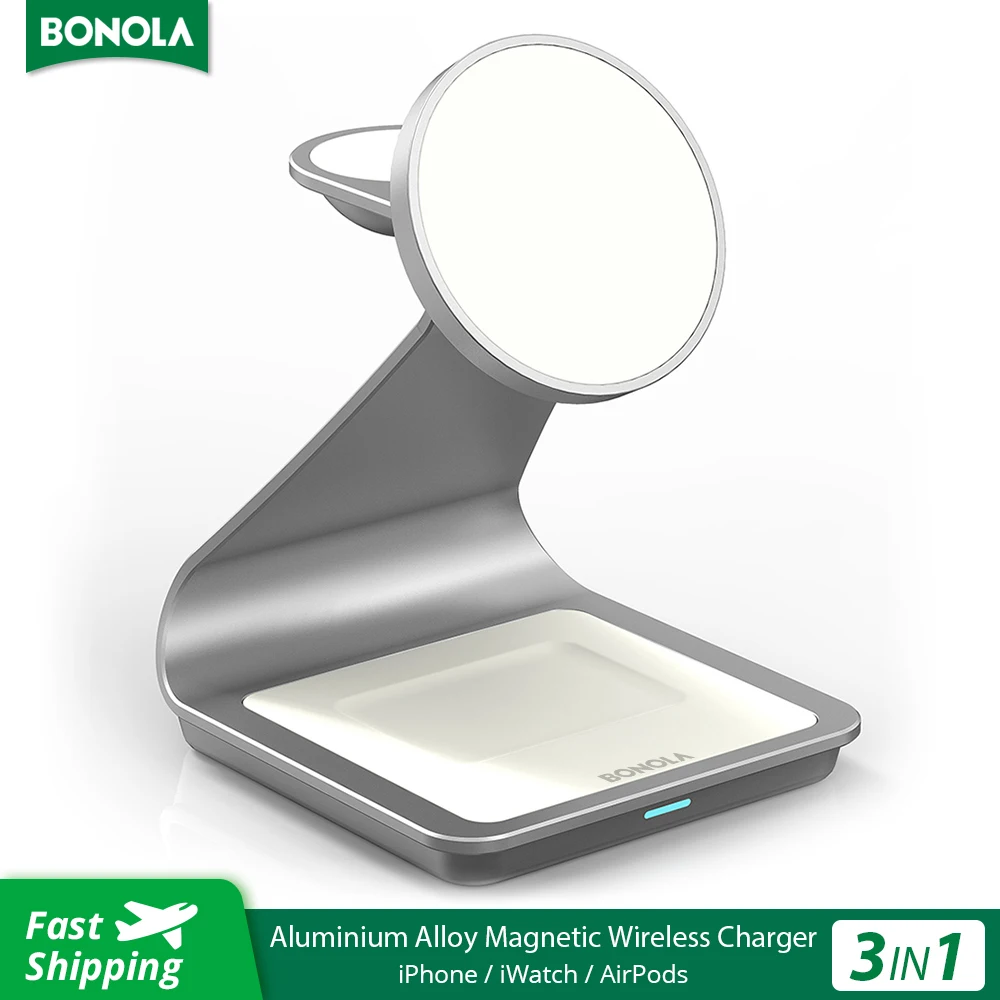 

Магнитное Беспроводное зарядное устройство Bonola 30 Вт, алюминиевое быстрое зарядное устройство 3 в 1 для iPhone 14 13 12 Pro Max/AirPod Pro 3/iWatch 7 6, зарядная с...