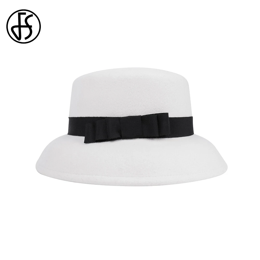 

FS 2022 Autumn Winter Church Hats For Women Formal Occasion Women 100% Wool Fedoras Ladies Modern Stylish White Basin Cap
