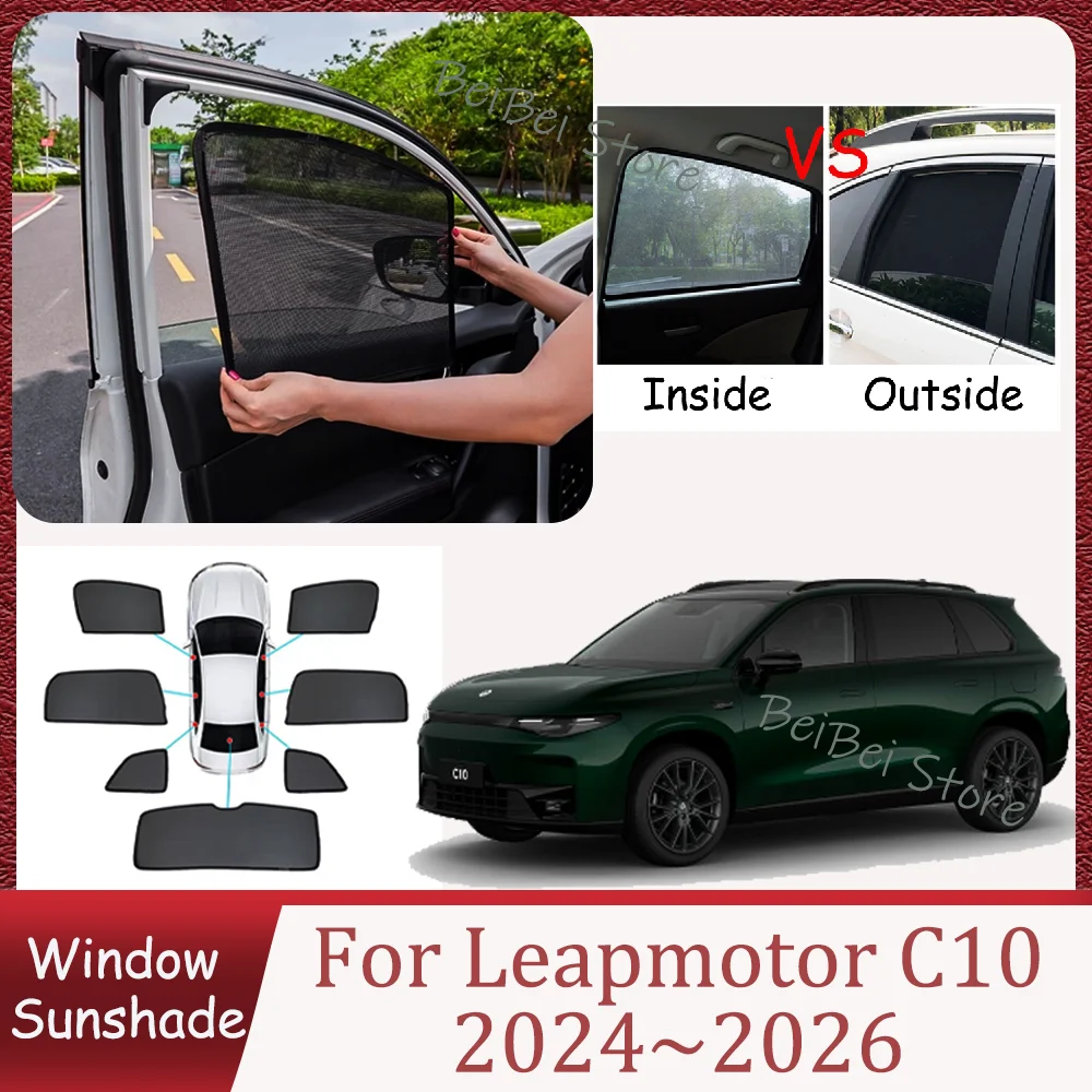 Фото Для Leapmotor C10 2024-2026 (2025) — Магнитные сетчатые солнцезащитные шторки для боковых окон, защита от солнца, аксессуары для интерьера автомобиля №1