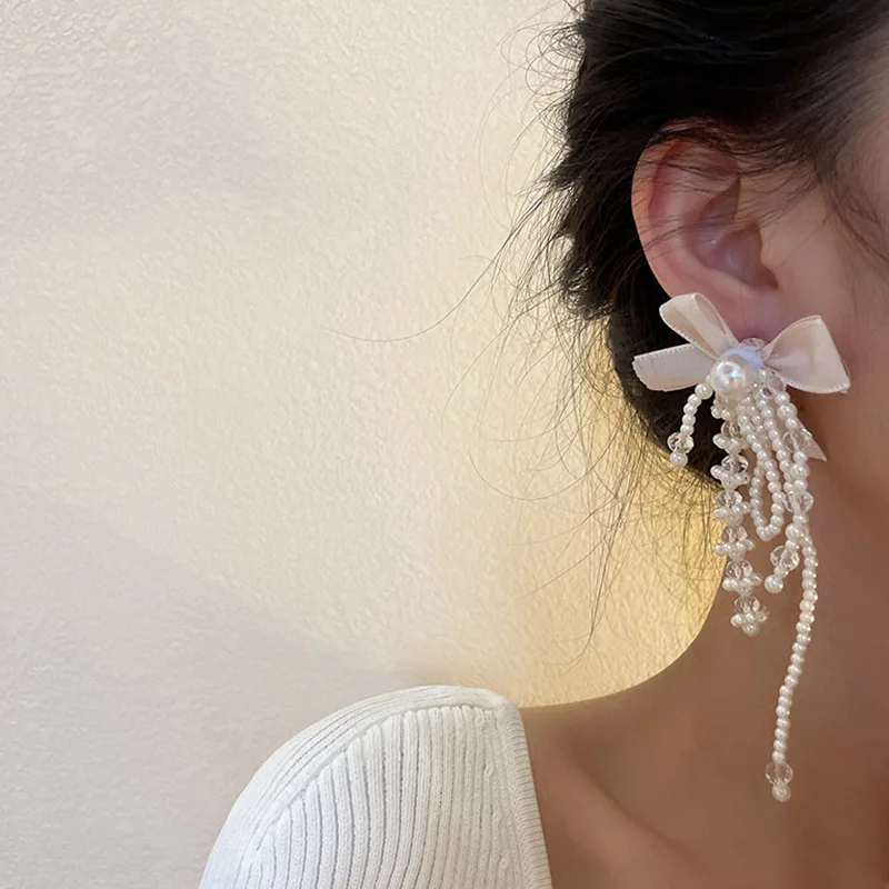 

Fashion Fabric Bowknot Tassel Crystal Pearl Eardrop Female Temperament Ms Wedding, Birthday, Tourist Commemorative Gifts