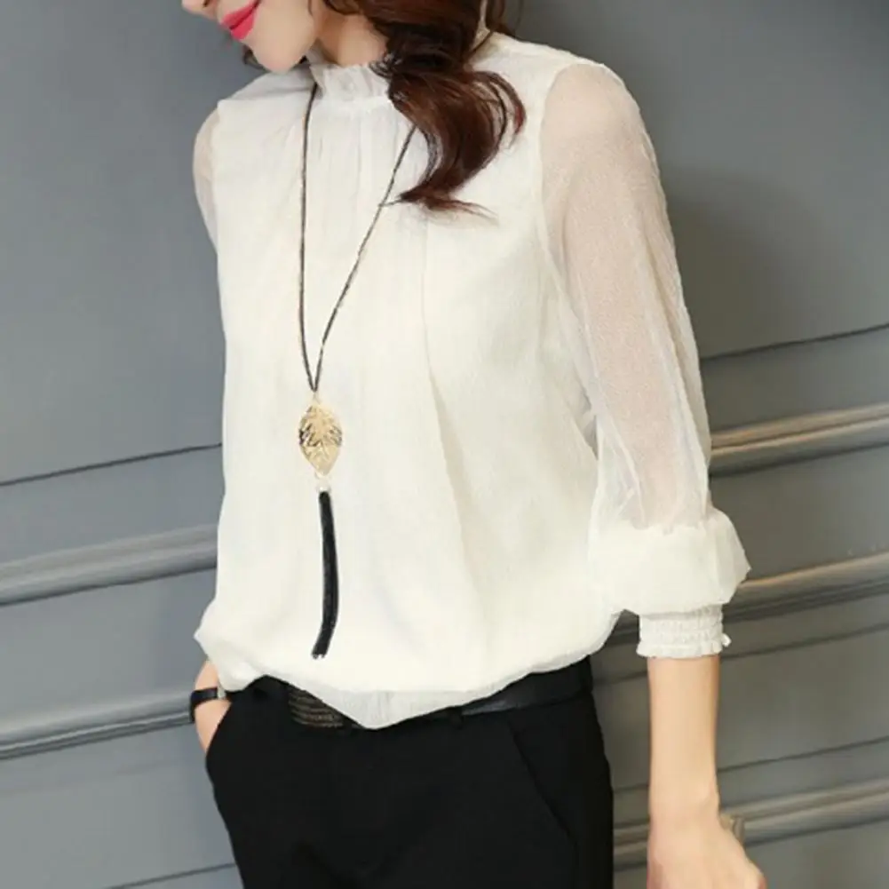 

Офисная рубашка, элегантная однотонная шифоновая рубашка с оборками на воротнике, на пуговицах сзади, быстрая цветная рубашка, топ, повседн...