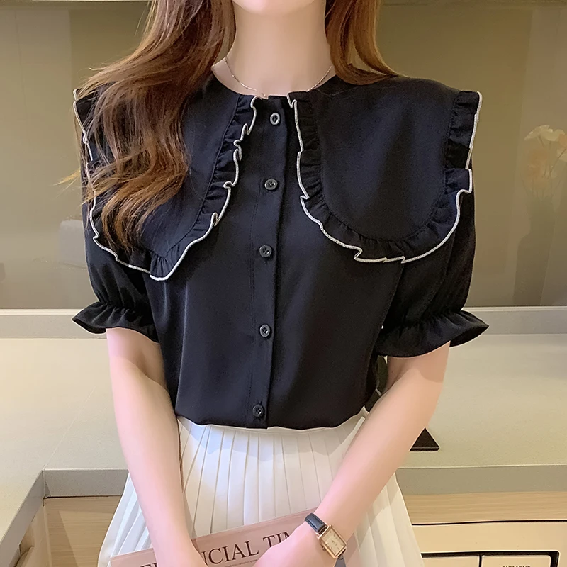 

Fashion Women Blouse 2022 Summer Short Sleeve Chiffon Shirts Female Doll Collar Office Lady High Quality Vintage Shirt Loose Top