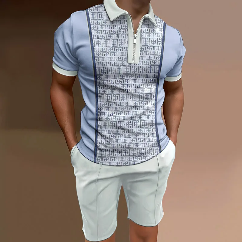 New Fashion Casual Men's POLO Shirt Suit Short Sleeve Luxury Color Match Printed Golf Suit Top and Shorts Street Clothing Men