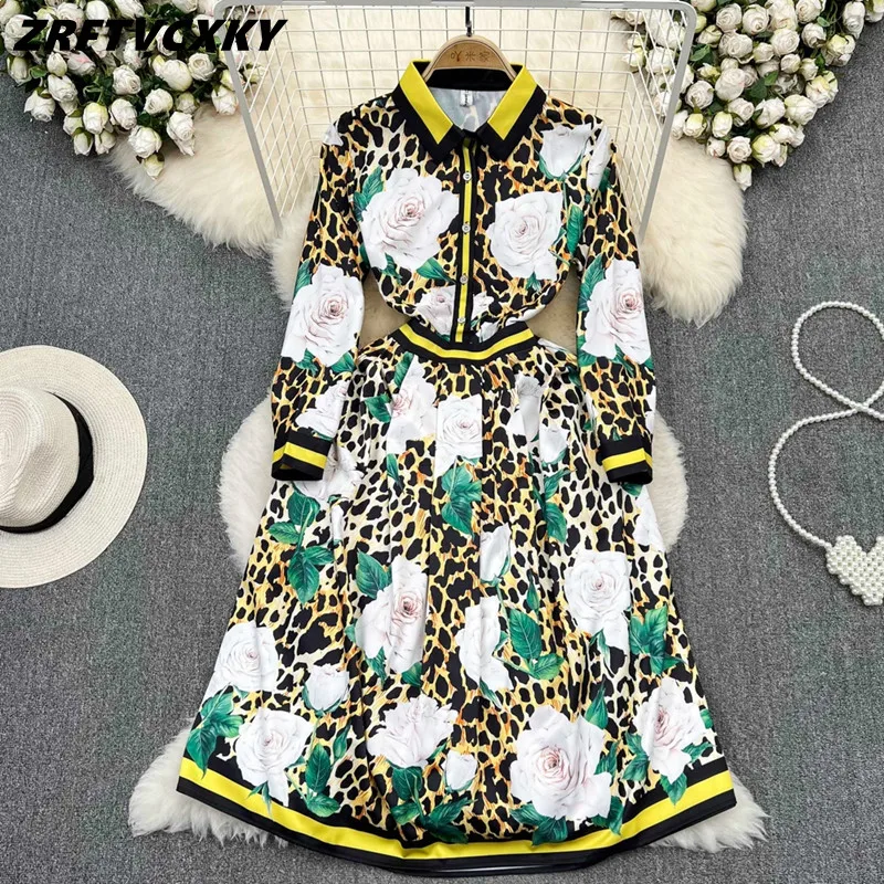 

Vintage Leopard Flower Printed Midi Shirt Dress Women Spring Fashion Long Sleeve Lapel Party Dresses Ladies Casual A-Line Vestid