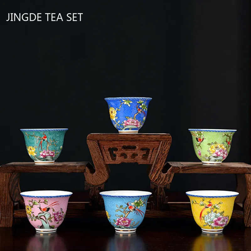 

6Pcs High Quality Ceramic Teacup Set Hand Painted Flowers Small Tea Bowl Enamel Color Pu'er Tea Cup Home Porcelain Tea Sets
