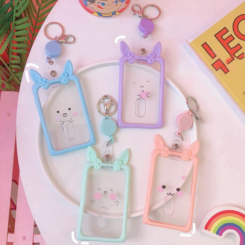 

Silicone Bus Card Case Key Holder Ring Retractable Elastic Rope Card Holder ID Card Pass Cover Anti-lost Keychain Badge Holder