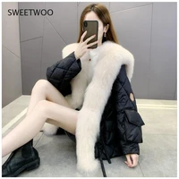 women winter faux fox fur warm coats vintage leather female thick jackets casual street lady collar loose removable navy collar