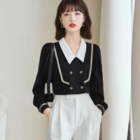 2022 spring new french chic chiffon shirt women top patchwork turn down collar button blouse