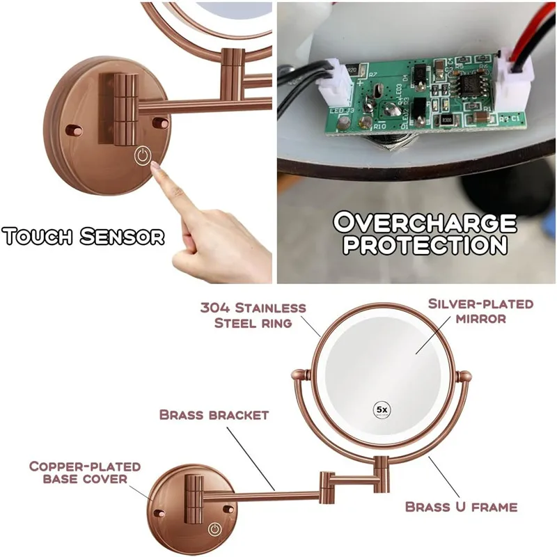 Розовое золото 8-дюймовые сенсорные зеркала для ванной комнаты двусторонние