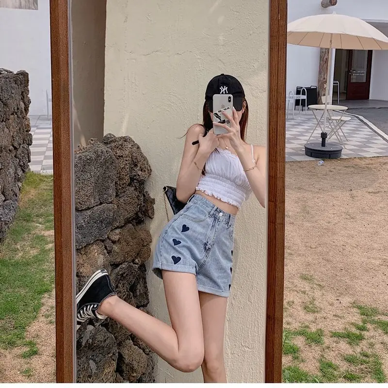 Embroidery Denim Shorts Women Korean Fashion Crimping High Waist Slim Summer Jeans Shorts Girls Sexy Hot Pants Casual Clothing
