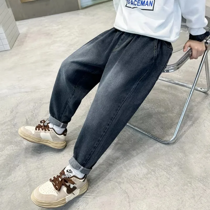 Зимние утолщенные утепленные джинсы для детей-подростков с мультяшным принтом