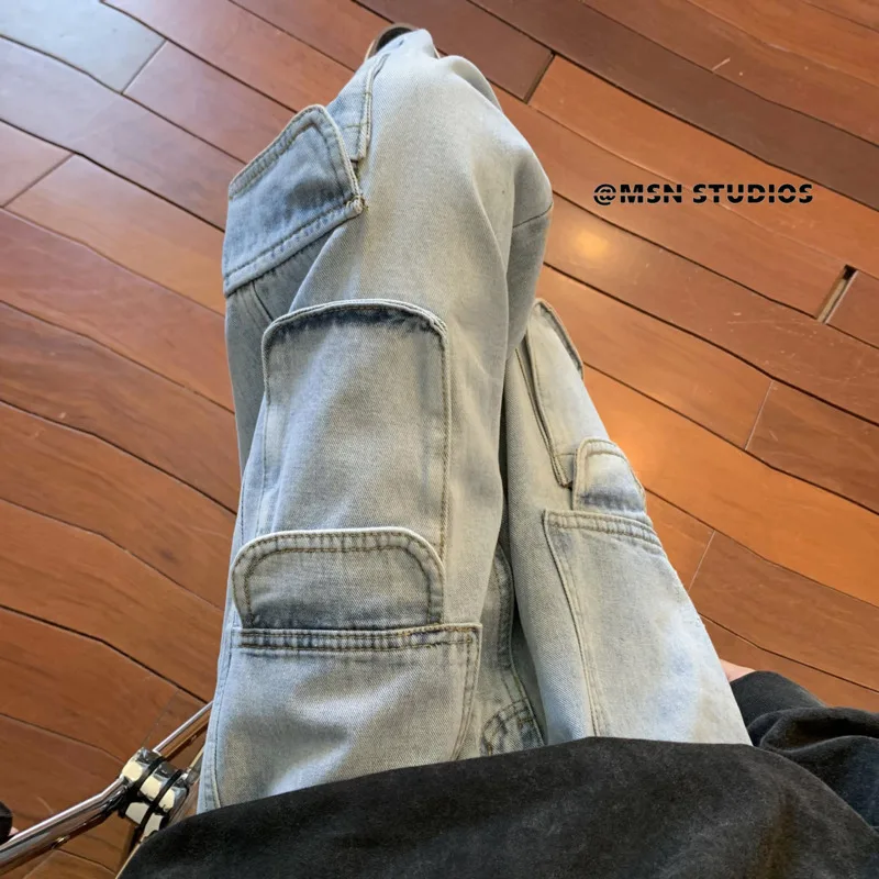 Blue Black Baggy Jeans Men Fashion Retro Pocket Cargo Jeans Men Streetwear Hip Hop Loose Straight Denim Pants Mens Trousers
