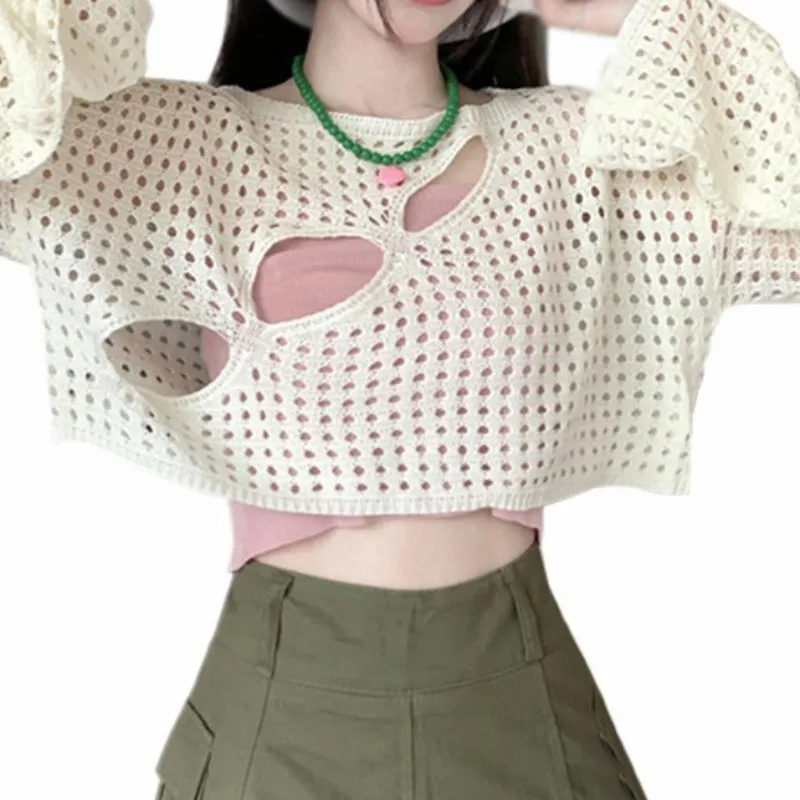 Женская свободная сетчатая укороченная блузка с круглым вырезом прозрачные