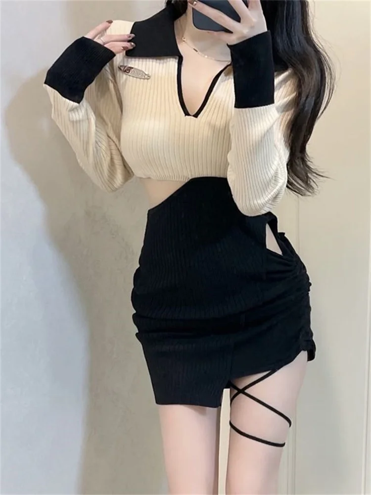 

Женское трикотажное платье-поло с V-образным вырезом, облегающие летние женские платья в стиле преппи, ажурное готическое платье, сексуальн...