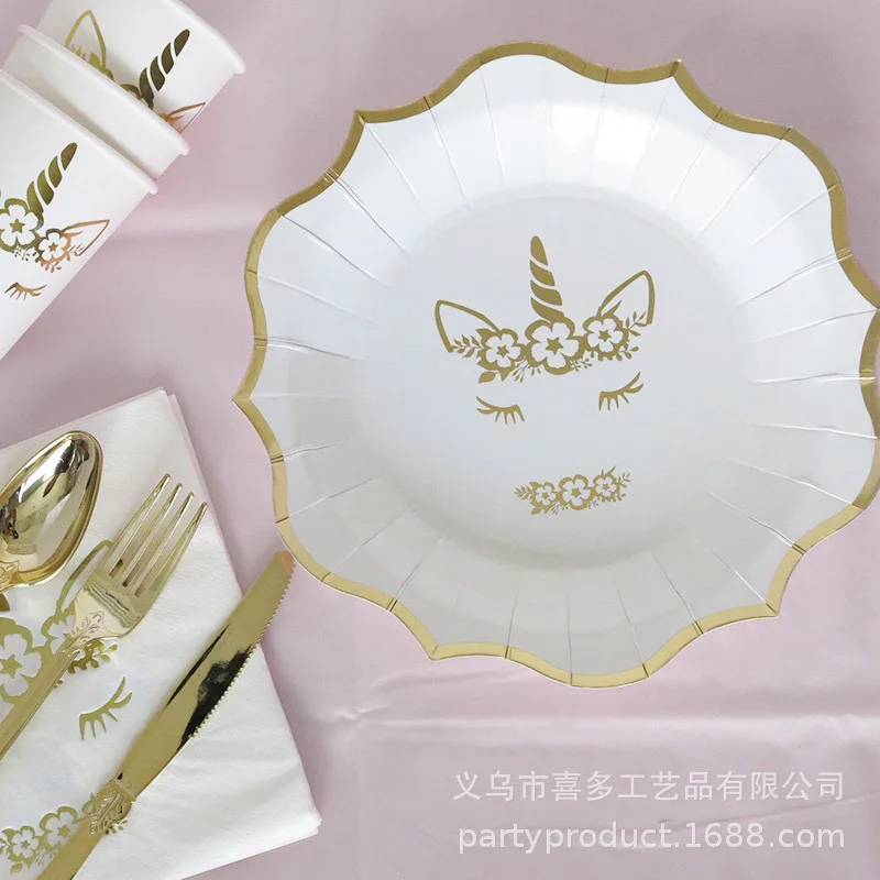 

8pcs Unicorn Theme Disposable Tableware Cartoon Gold Unicorn Plate Disposable Paper Cups Napkins Happy Kids Birthday Party Decor