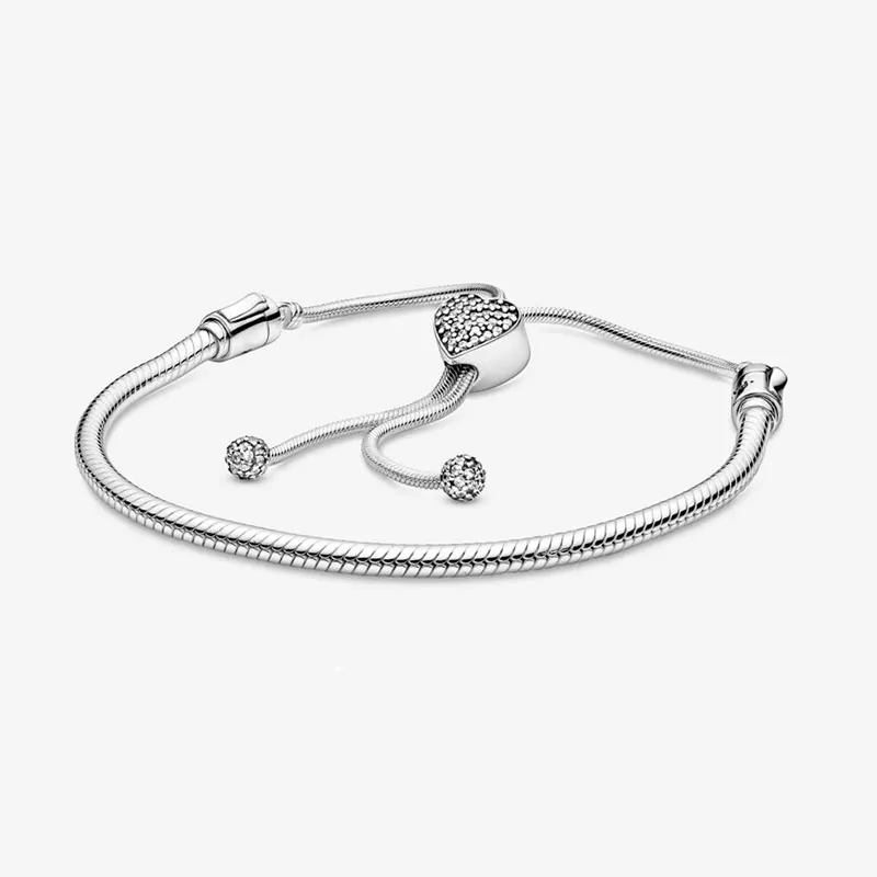 

925 Sterling Silver Moments Heart Clasp Star Snake Chain Slider pan Bracelet Woman Jewelry Gift