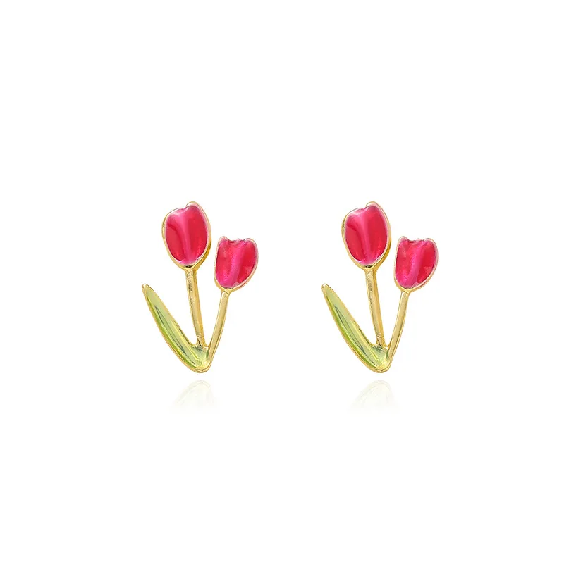 French Vintage Red Enamel Flower Earrings for Women Gold Color Alloy Tulip Floral Statement Dangle Earrings Party Pendientes images - 6