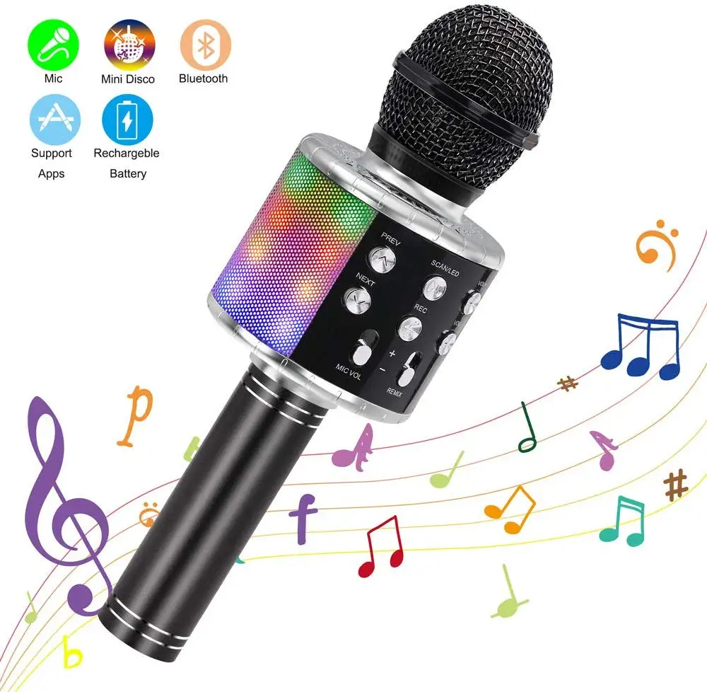 

Wireless Karaoke Microphone Bluetooth Handheld Portable Speaker Home KTV Player with Dancing LED Lights Record Function for Kids