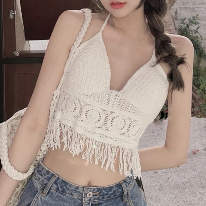 Женский вязаный крючком кружевной бюстгальтер без косточек трикотажный Бохо