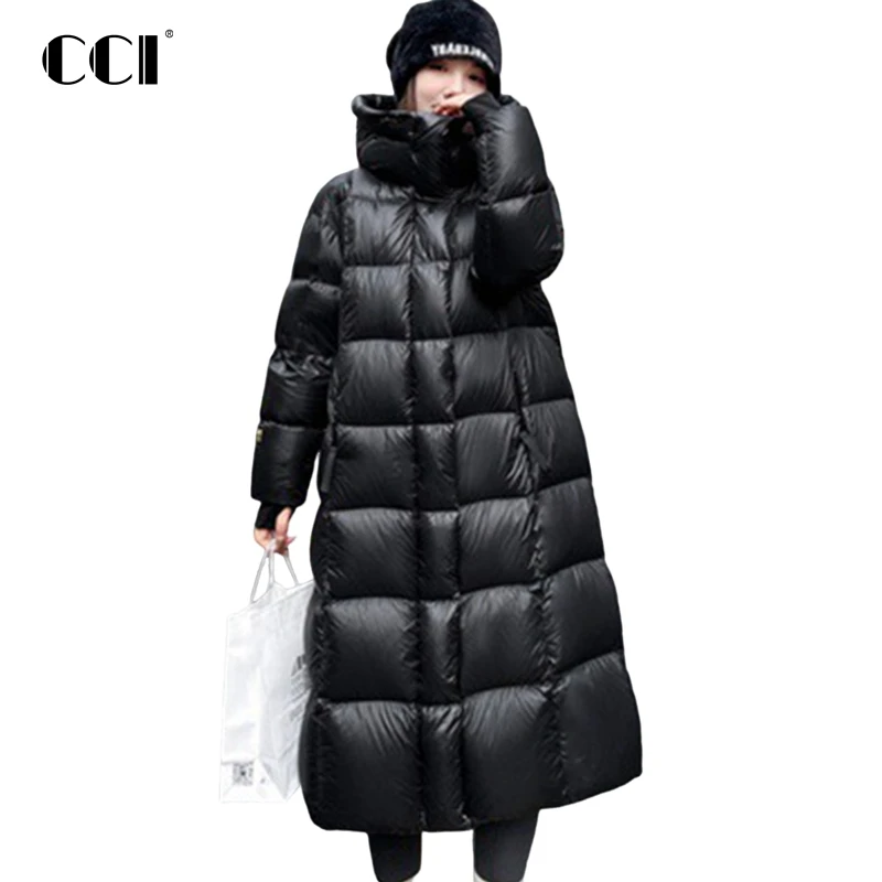 

Женский пуховик CCI, длинная куртка женская, черные теплые пальто с капюшоном, зимние куртки для женщин, легкие пуховики, пальто YJ096C