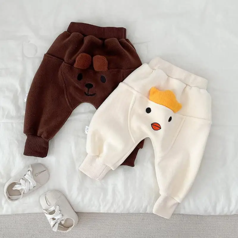 

Новые милые флисовые теплые штаны с мультяшным рисунком для девочек и мальчиков на осень и зиму детские бархатные плотные спортивные штаны модные детские брюки