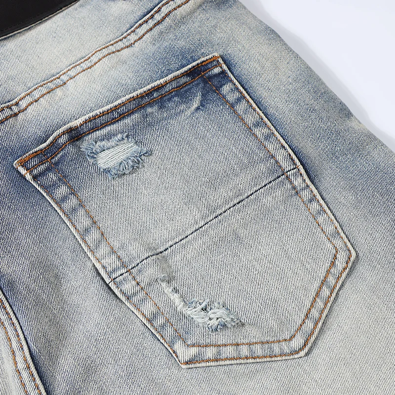 High Street Fashion Men Jeans Retro Blue Stretch Skinny Ripped Jeans Men Green Stripe Patched Designer Hip Hop Brand Pants Homme