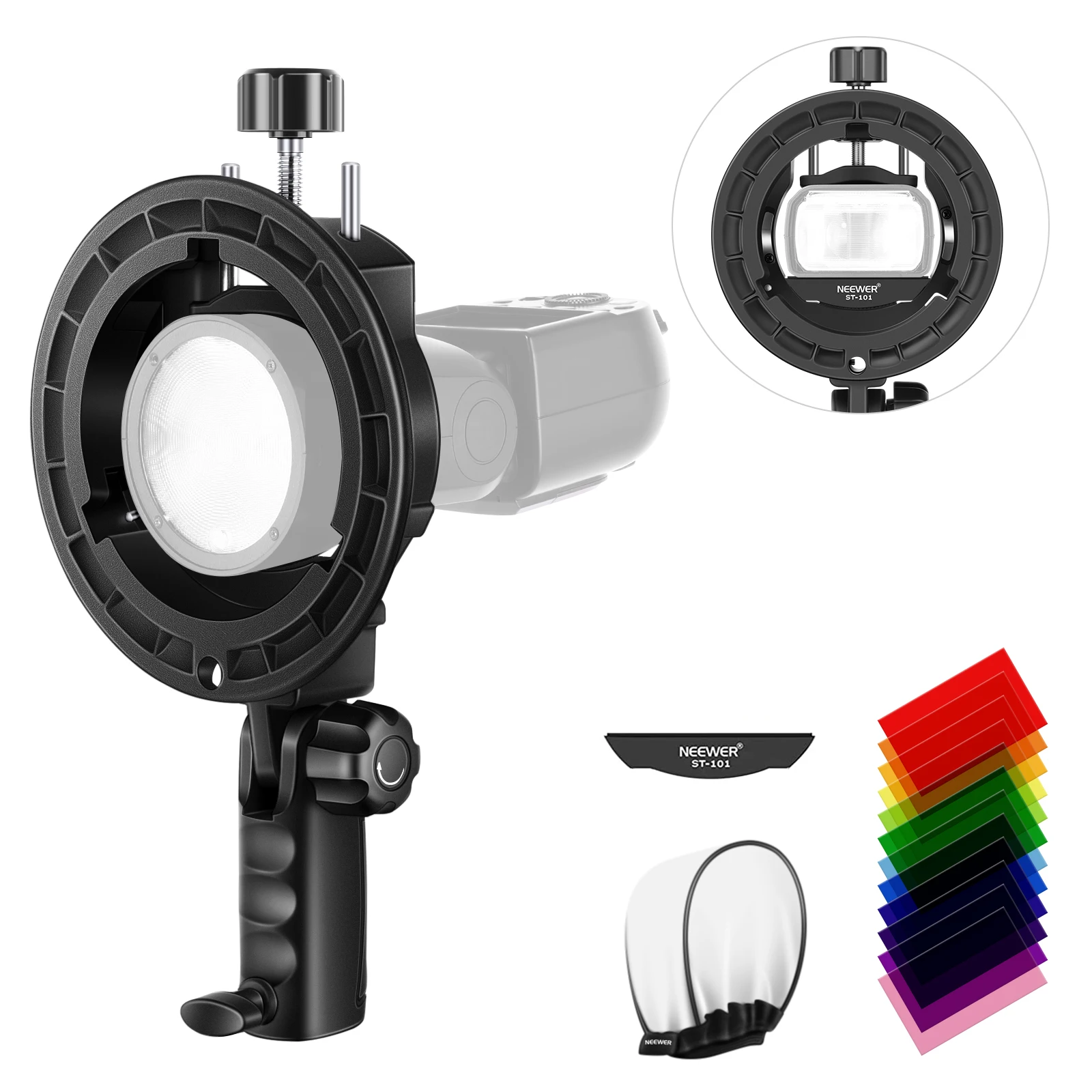 

Neewer Speedlite S-Type Bracket Bowens Mount Flash Holder with Color Filters For Neewer NW625 NW635 NW645 NW655 NW-670 750II V1